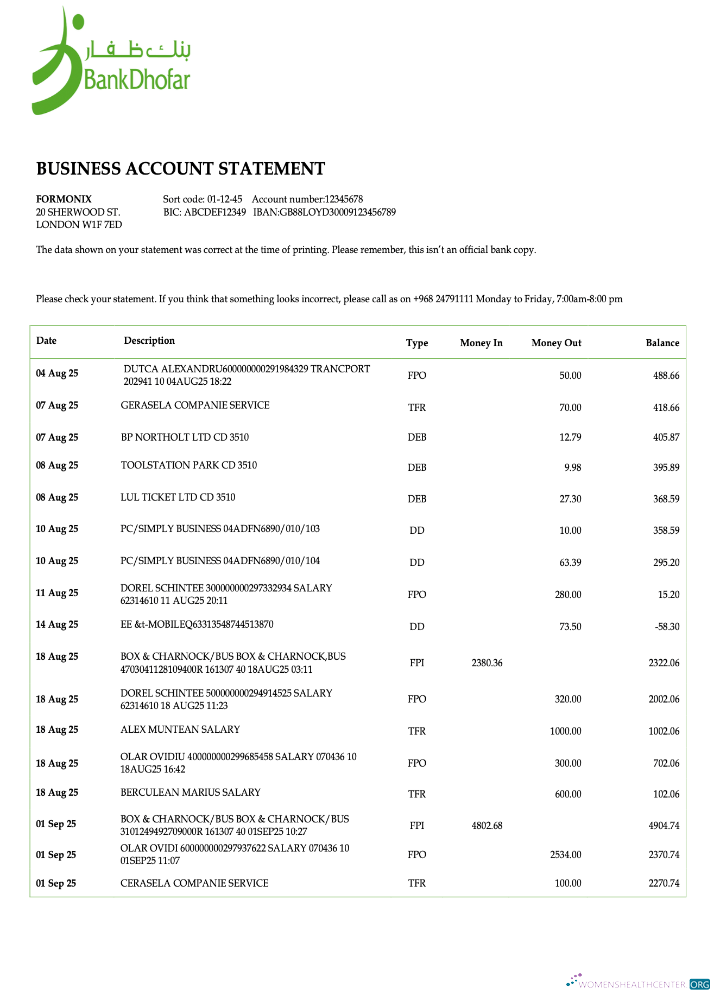 Download Omani Bank Dhofar firm account statement Word and PDF template Photoshop template
